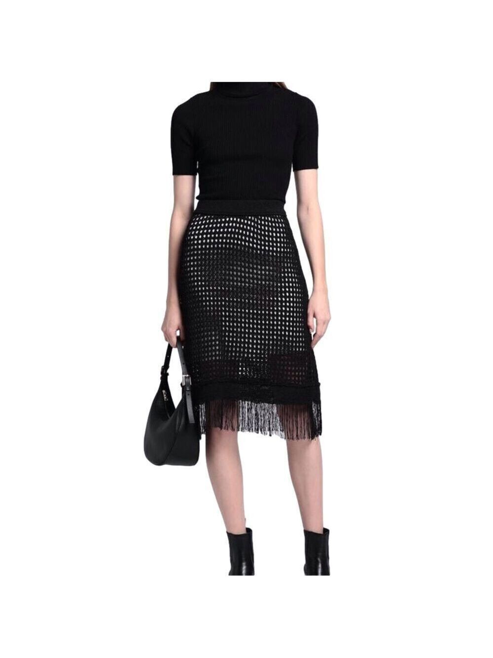 Pinko Black Open Weave Knit Midi Skirt Fringe Hem – See Measurements